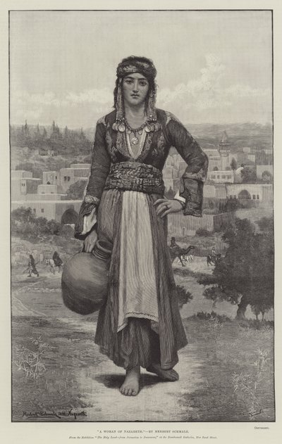 Nainen Nasaretista, näyttelystä The Holy Land, from Jerusalem to Damascus, Dowdeswell Galleries, New Bond Street. tekijältä Herbert Gustave Schmalz
