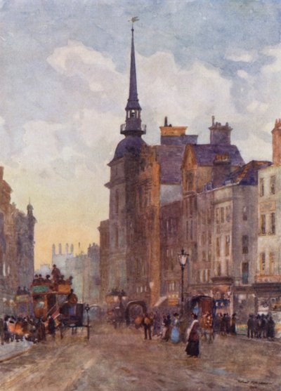 Katse alas Ludgate-kukkulalle Pyhän Paavalin portailta (väri litho) tekijältä Herbert Menzies (after) Marshall