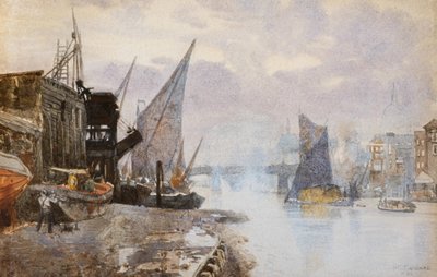 Laivaliikennettä Thamesilla Banksiden rannalla, noin 1884 (akvarelli). tekijältä Herbert Menzies Marshall