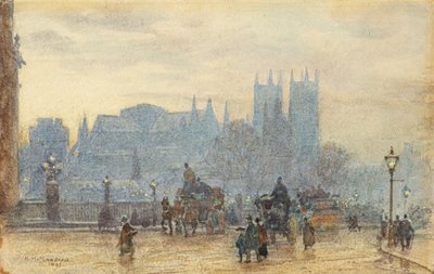 Westminster Abbey Westminsterin sillalta 1892 (akvarelli) tekijältä Herbert Menzies Marshall