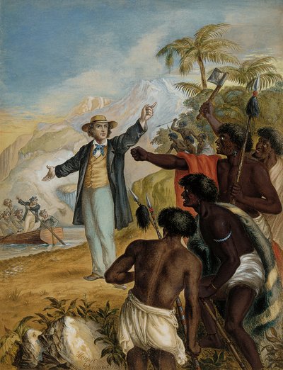 Skotlantilainen lähetyssaarnaaja, joka saapuu maihin sotivien maorien kanssa, 1868 tekijältä Herbert Parsons