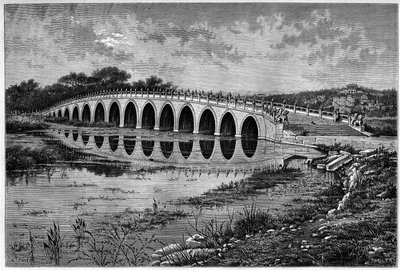 17 kaarinen silta Kunming-järvellä Ete-palatsissa lähellä Pekiniä 1800-luvulla. Kaiverrus Catenaccin piirustuksen jälkeen, Thomsonin valokuvan jälkeen julkaisussa "" Le Tour du Monde, Nouveau Journal des Voyages", toimittanut Edouard Charton, Paris tekijältä Hercule (after) Catenacci