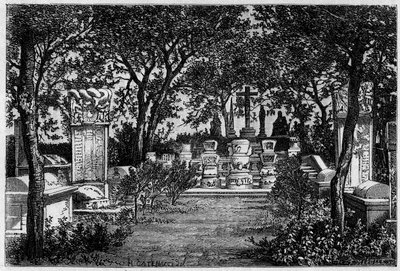 Jesuiita Matteo Riccin (1552-1610) ja Adam Schall von Bellin (1592-1666) haudat Pekinissä (Peking) vuosina 1870. Kaiverrus Catenaccin piirustuksen jälkeen, Thomsonin valokuvan jälkeen "" Le Tour du Mondessa , Nouveau Journal des Voyages”, toimittanut tekijältä Hercule (after) Catenacci