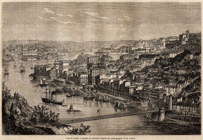 Porton näkymä, Catenaccin piirustus havainnollistamaan Olivier Mersonin matkaa Portugalin pohjoisiin provinsseihin vuonna 1857. Kaiverrus ”” Le tour du monde”” 1861. Selvan kokoelma. tekijältä Hercule (after) Catenacci