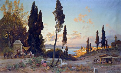 Vue du Bosphore a Konstantinopoli - Peinture de Hermann David Salomon Corrodi (1844-1905), orientalismi - Näkymiä Bosporinsalmelle, Konstantinopoli - Hermann David Salomon Corrodin (1844-1905) öljy kankaalle - 100x166,5 cm - Yksityiskokoelma tekijältä Herman David Salomon Corrodi