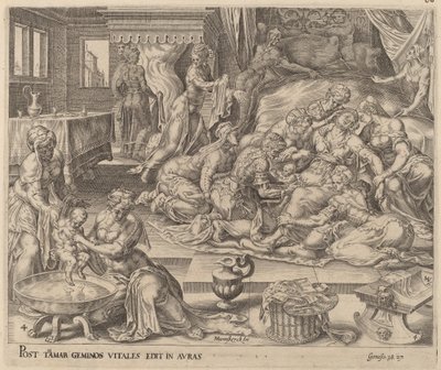Pharezin ja Zaran syntymä tekijältä Herman Jansz Muller after Maerten van Heemskerck