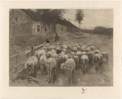Paimen ja nainen, jolla on lammaslauma tekijältä Herman Johannes van der Weele (signed by artist)