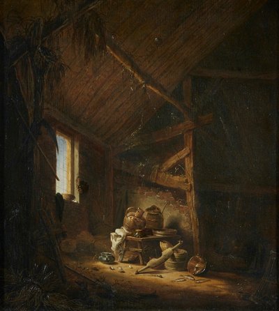 Navetan sisätilat, joissa valo virtaa ikkunasta sisään. tekijältä Herman Saftleven