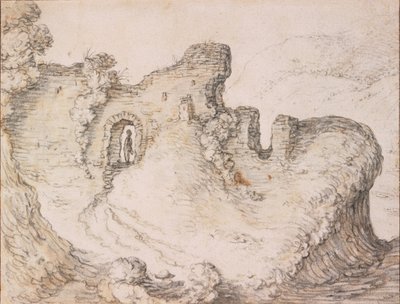 Kalliomainen maisema raunioineen, muodostaen miehen kasvojen profiilin, n. 1650 tekijältä Herman Saftleven