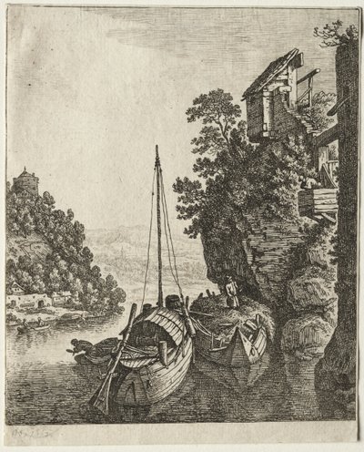 Kaksi venettä ankkuroituna kiven alle, 1667. tekijältä Herman Saftleven