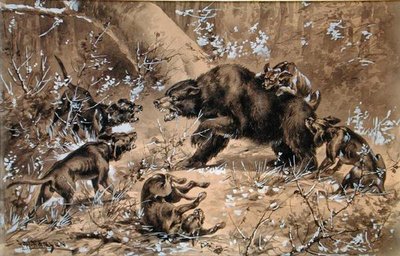 Bear Hunt (akvarelli ja kiinalainen valkoinen paperille) tekijältä Herman Wendleborg Hansen