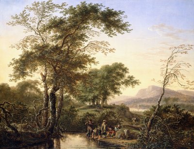 Laaja italialainen jokimaisema matkustajien kanssa uima-altaan äärellä, 1646 tekijältä Herman the Younger Saftleven