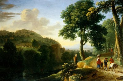 Italialaistyylinen maisema, jossa on matkustajia ja aasi, noin 1640 (öljy kankaalle). tekijältä Herman van Swanevelt