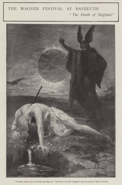 Wagner-festivaali Bayreuthissa: Siegrfriedin kuolema (litho) tekijältä Hermann (after) Hendrich