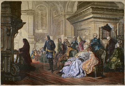 Preussin kuningas Frederik II Suuri (1712-1786) kuuntelee säveltäjä Jean Sebastian Bachia soittamassa hovissa, kaivertaa Kaulbachin maalauksen jälkeen - Frederick II Suuri, Preussin kuningas, kuuntelemassa Johann Sebastian Bachia urkuilla, Sanssouci tekijältä Hermann Kaulbach