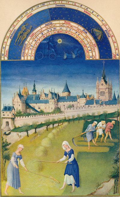 Kesäkuu - palatsi ja Sainte-Chapelle, 1400-luku, 1939 tekijältä Hermann Limbourg