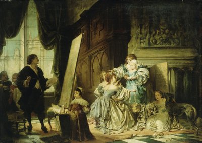 Van Dyck studiossaan maalaamassa muotokuvan Charlesista, Walesin prinssistä, Charles I:n pojasta, 1876 tekijältä Hermann Schneider