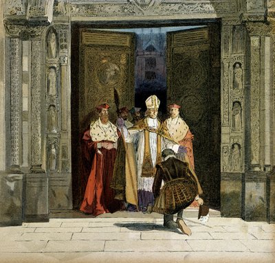 Henrik IV:n (1553-1610) kumoaminen Saint Denisin luostarissa Bourgesin kaaren, Renaud de Beaunen (1527-1606) läsnäollessa. Kuningas tuomitsi protestantismin 25. heinäkuuta 1593. Hermann Vogelin (1856-1918) kuvitus teoksessa "" Henri IV"" tekijältä Hermann Vogel