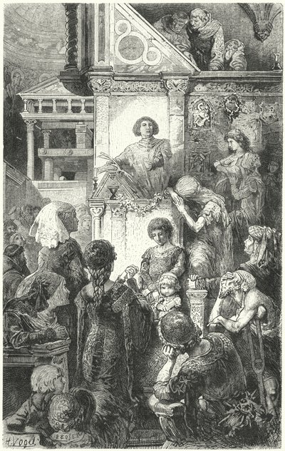 Giovanni Boccaccio lausumassa Dantesin jumalallista komediaa Firenzen ihmisille, 1300-luku tekijältä Hermann Vogel