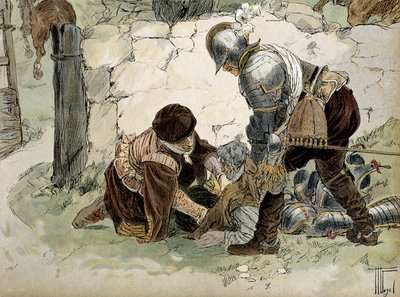 Henri IV (1553-1610) loukkaantui tiedustelussa Aumalessa Mayennen armeijaa vastaan. Hermann Vogelin (1856-1918) kuvitus teoksessa "" Henri IV"" tekijältä Hermann Vogel