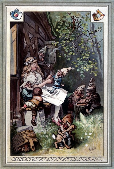Kinder und hausmarchen (Tarina lapsuudesta ja kodista) (1812): Grimm-veljesten satuja. Kansi Hermann Vogelista 1894, joka edustaa Lumikki ja seitsemän kääpiötä. tekijältä Hermann Vogel