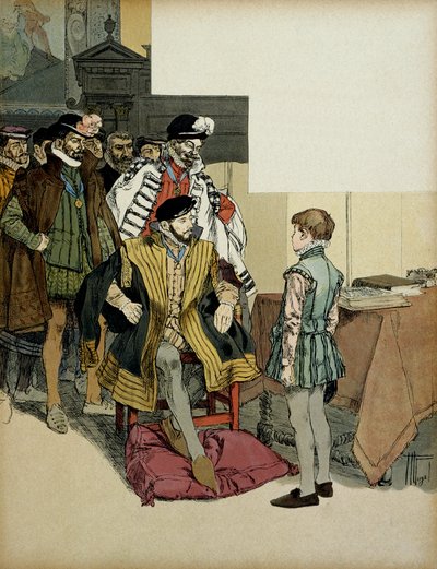 Ranskan kuningas Henri II (1519-1559) herrasmiestensä ympäröimänä haluaa kysellä Henrik IV:tä (1553-1610) lapsena hänen roolistaan. Hermann Vogelin (1856-1918) kuvitus teoksessa "" Henri IV"" tekijältä Hermann Vogel