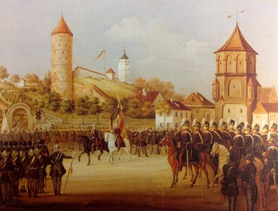 Hermann Volz Biberachin miliisin paraati Riedlinger Torilla vuonna 1849. tekijältä Hermann Volz