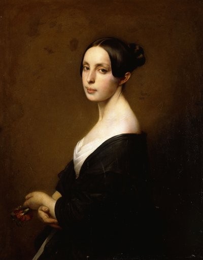 Naisen muotokuva, puolipitkä, yllään musta mekko ja kädessään neilikka, tekijältä Hermann Winterhalter