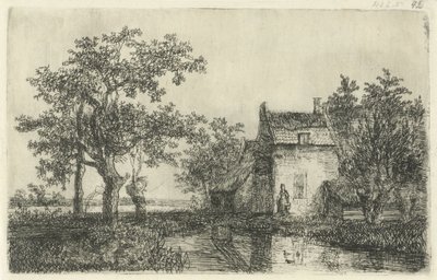 Nainen korin kanssa maalaistalon edessä veden päällä tekijältä Hermanus Jan Hendrik van Rijkelijkhuysen