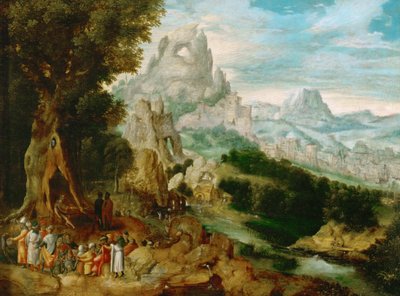 Paysage avec Saint Jean Baptiste prechant - Maisema, jossa Pyhä Johannes Kastaja saarnaa, kirjoittanut Herri met de Bles (Henri Bles) (1510-1550). Öljy puulle, n. 1535-1540. Mitat: 29 x 39 cm. Taidehistoriallinen museo, Vienne tekijältä Herri met de (c.1510 p.1550) Bles