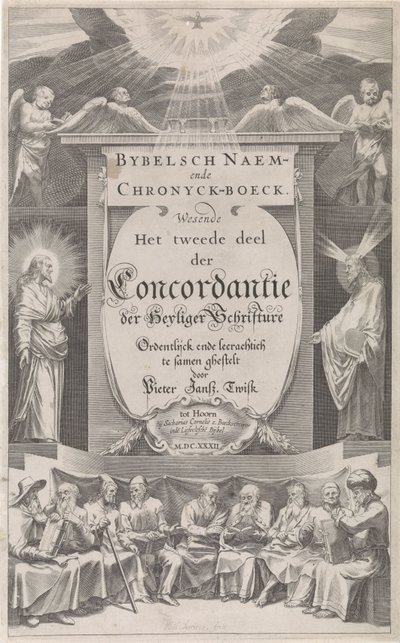Nimisivu teokselle "Biblical Naem-en Chronijckboek, 1632" Raamatun nimi ja aikakirja (otsikko esineessä) tekijältä Hessel Gerritsz