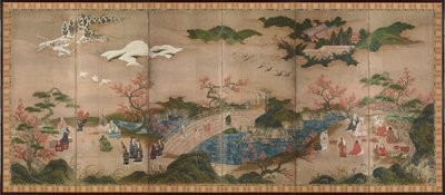 Les spectators des erables (Mapple Viewers) - Kuuden paneelin näyttö - Kano Hideyorin työ (aktiivinen 1565-1576), akvarelli ja muste paperille - Japanilainen taide tekijältä Hideyori Kano