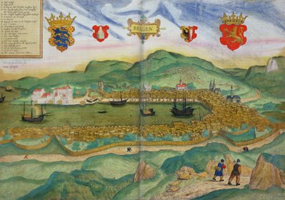 Bergenin kartta, Georg Braun (1541-1622) ja Franz Hogenbergin (1535-90) Civitates Orbis Terrarum -julkaisusta n. 1571-1600 tekijältä Hieronymous Scholeus