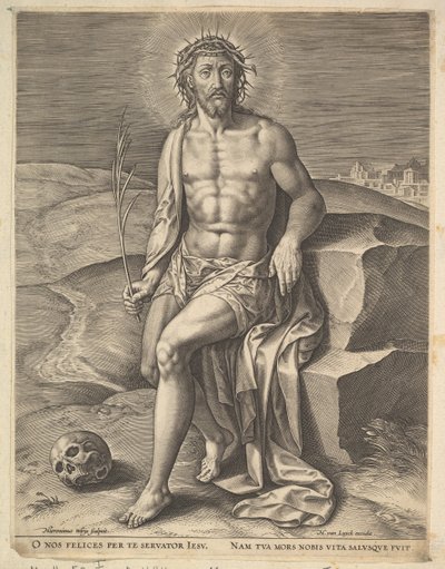 Kristus istuu kylmällä kivellä, ennen n. 1586. tekijältä Hieronymous Wierix