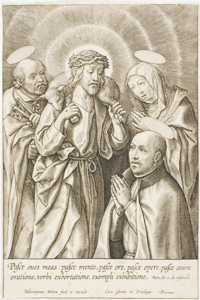 Ignatius Loyola polvistuu Kristuksen, Neitsyt Marian ja Pietarin edessä. tekijältä Hieronymous Wierix