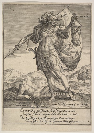 Juuda Adonibezekin pään kanssa, Willem van Haechtista, Tyrannorum proemia, 1578, 1578. tekijältä Hieronymous Wierix