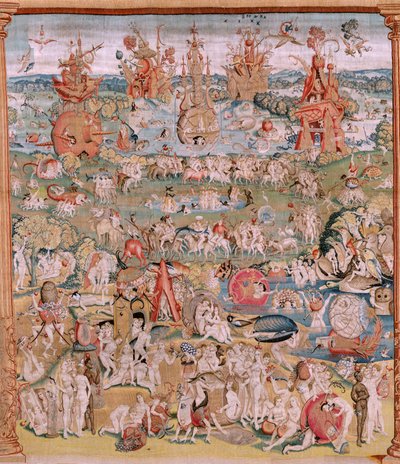 Flanderin kuvakudos. Sarja Neljä kuvakudosta Hieronymus Boschin mukaan. Maallisten ilojen puutarha (Jardín de las Delicias). Sarjan neljäs kuvakudos. Hieronymus Boschin työn inspiroima malli. Valmistus Tuntematon työpaja, Bryssel. Ennen vuotta 1560. Fa tekijältä Hieronymus (after) Bosch