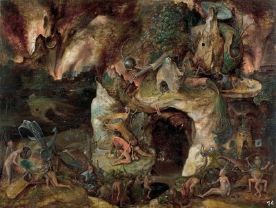 ""Alamaailman maisema"" (Inferno Landscape) Maalaus Jerome Boschin koulusta n. 1561 Koko 49x64 cm Museo del Prado, Madrid tekijältä Hieronymus (school of) Bosch