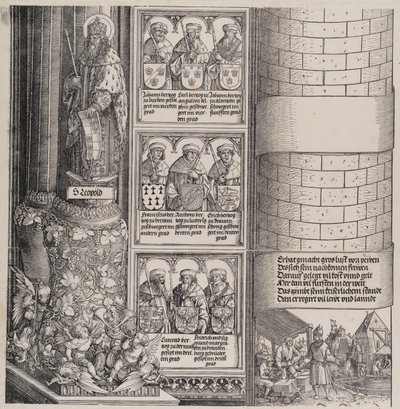 Maximilian arkkitehtina, Pyhän Leopoldin patsaan ja Maximilianuksen Ancen rintakuvat..., 15171518. tekijältä Hieronymus Andreae