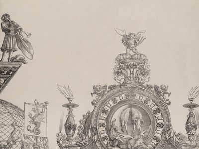 Oikean portaalin huippu, keskusportaalin trumpetisti ja standardi, fr..., 1515. tekijältä Hieronymus Andreae