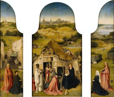 Pyhien tähtien palvominen, sisustus (Pyhä Pietari ja lahjoittaja, Pyhien tähtien palvominen, Pyhä Agnes ja lahjoittaja). tekijältä Hieronymus Bosch