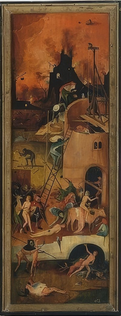 Heinäkärry (triptyykki). Vasen paneeli. Noin 1515 tekijältä Hieronymus Bosch
