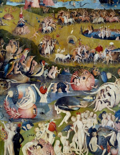 Miehet ja naiset nauttivat maan iloista. Yksityiskohta Hieronymus Van Aekenin (Aken) ja Jerome Boschin (1450-1516) "The Garden of Terrestrial Delices" trypticin keskiosasta tekijältä Hieronymus Bosch