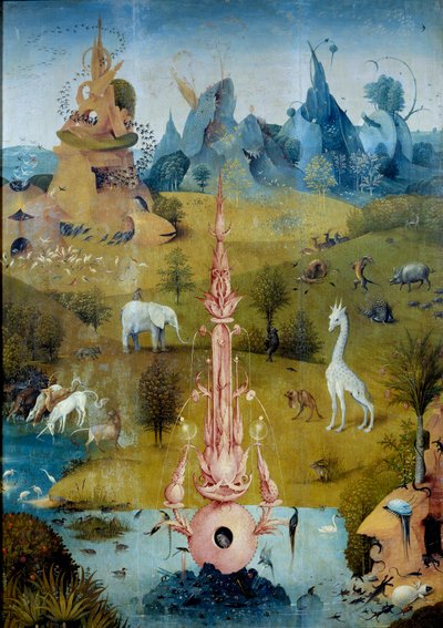 Paratiisi La Fontaine. Yksityiskohta Hieronymus Van Akenin (Aken) dit Jerome Bosch (1450-1516) triptyykin vasemmasta osasta "Herkujen puutarha" tekijältä Hieronymus Bosch