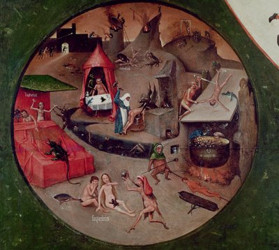 Seitsemän kuolemansynnin ja neljän viimeisen asian pöytälevy, yksityiskohta helvetistä, n. 1480 (öljy paneelissa) tekijältä Hieronymus Bosch