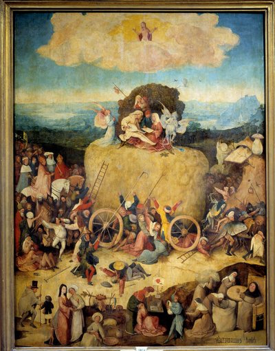 Allegorie Hay Cart miehille ja naisille, jotka haluavat ottaa kaiken irti nykyajasta. Solan allegorisen tryptiikan keskuspaneeli, Jerome Boschin (1450-1516) tunnetun Hieronymus Van Aekenin (Aken) nykyhetki noin 1490. Madrid, Prado-museo tekijältä Hieronymus Bosch