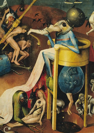 The Garden of Earthly Delights: Helvetti, triptyykin oikea siipi, yksityiskohta sinisestä lintumiehestä jakkaralla, n. 1500 (yksityiskohta 3425) tekijältä Hieronymus Bosch