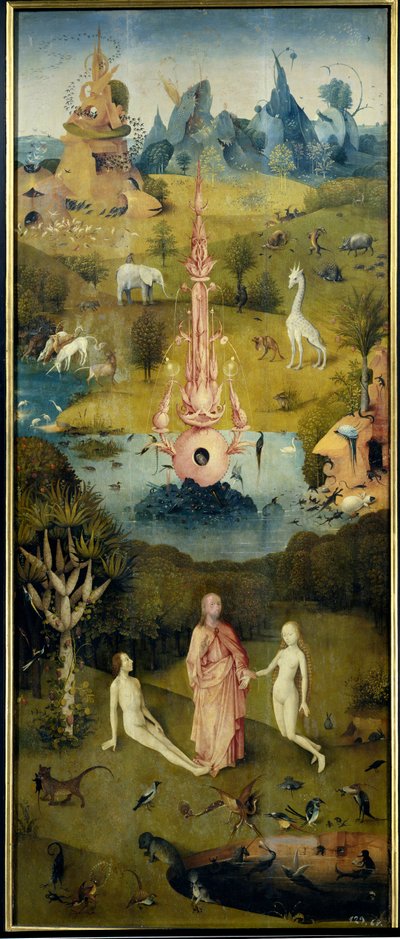 Paratiisi, Aadamin ja Eevan luominen (Maallisten ilojen puutarhan vasen paneeli) tekijältä Hieronymus Bosch