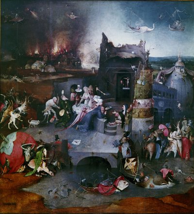 Pyhän Antoniuksen kiusaus Triptyykin keskustaulu, vuosien 1495 ja 1515 välillä tekijältä Hieronymus Bosch