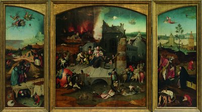 Pyhän Antoniuksen kiusaus. Korkearesoluutioinen kopio Google Art Projectista. Vasen yläkulma piti ottaa uudelleen näyte tekijältä Hieronymus Bosch